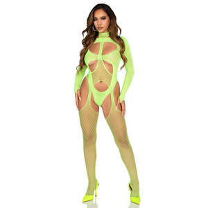 Leg Avenue - 2pc Fishnet Suspender Jumpsuit Layered Opaque Teddy - Neon Green